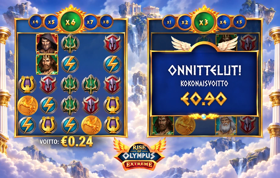 Kaksi kuvakaappausta Rise of Olympus pelistä tuplaa kasinolla. Pelejä testattu mobiililla ja molemmissa kuvissa pienet voitot.