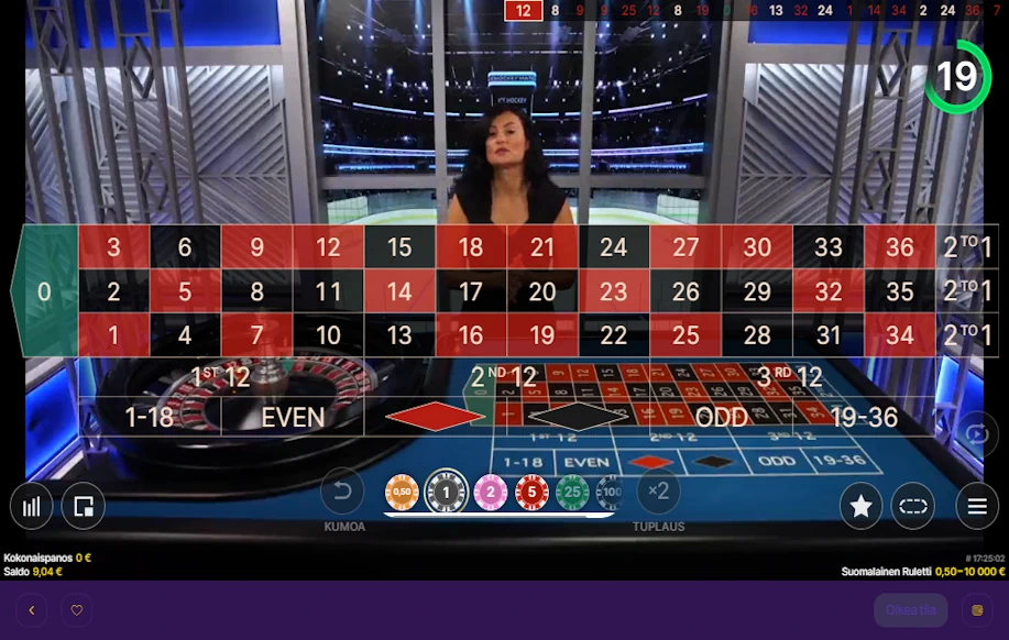 Suomalainen ruletti Tuplaa live kasinolla. Kuvassa jakaja ja panoksia odotetaan.