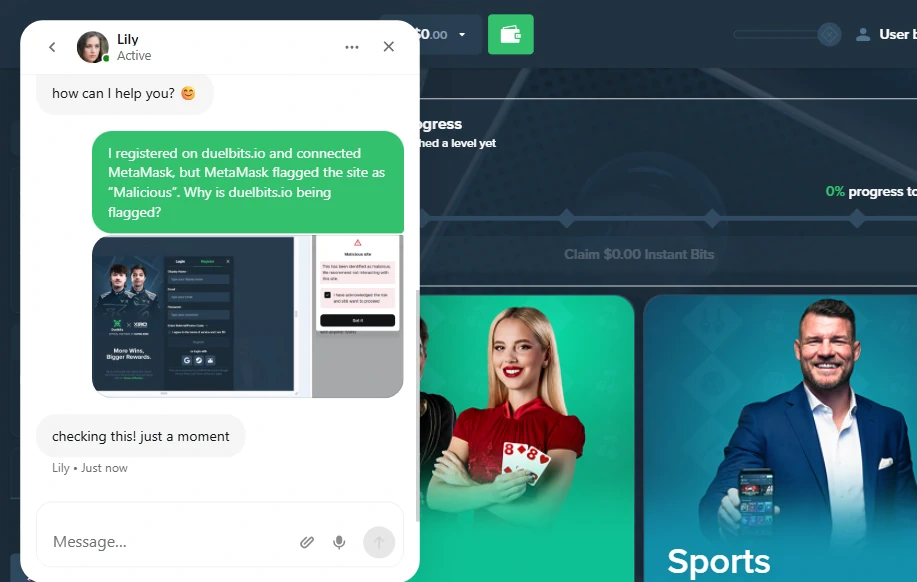 Duelbitsin luetettavuutta kyseenalaistava live chat keskustelu. 
