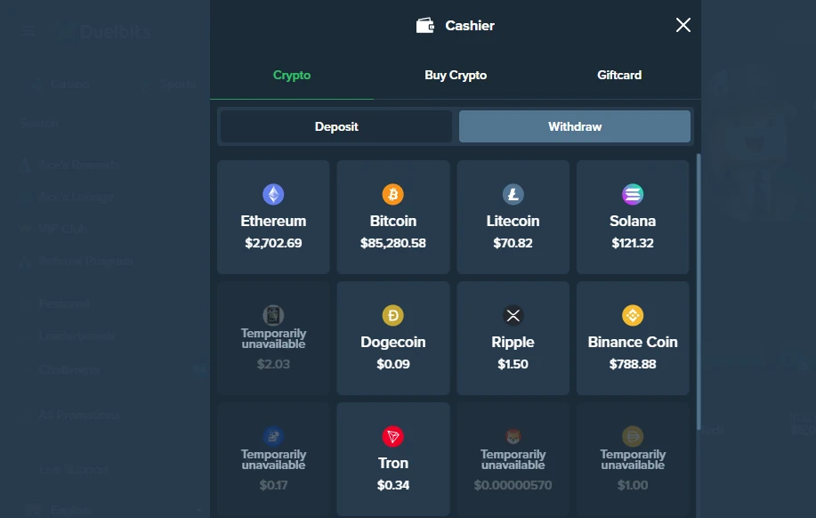 Duelbits kotiutukset tapahtuvat kryptovaluutoilla kuten Ethereum ja Litecoin. 