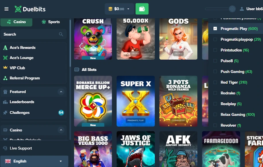 Duelbitsin pelivalikoimasta löytyy yli 3000 peliä. 