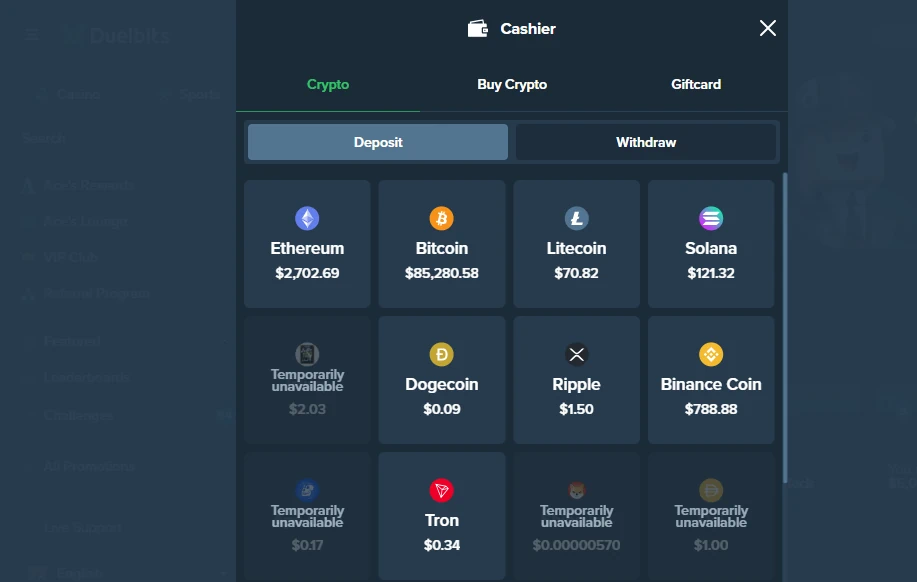 Duel casino talletus tapahtuu kryptovaluutoilla kuten Ethereum ja Bitcoin. 
