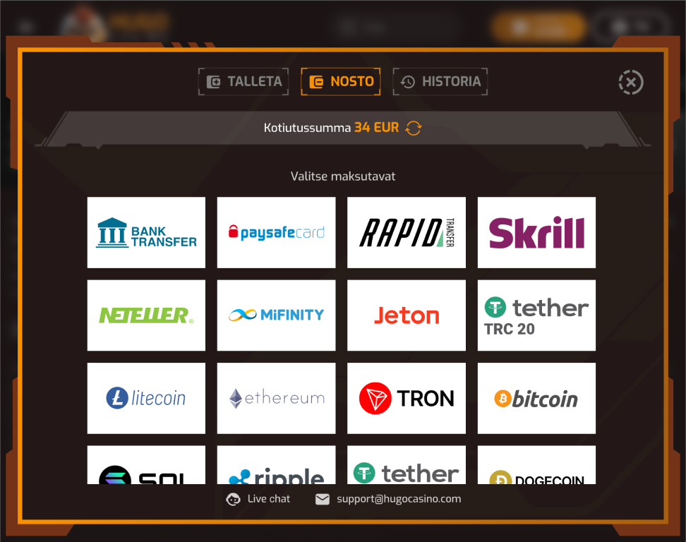 Kuvankaappaus näyttää että Hugo Casino on nettikasino mikä tarjoaa paljon enemmän kotiutusvaihtoehtoja mitä perinteinen pikakasino. Tarjolla esimerkiksi Bitcoin, Skrill ja verkkopankkisiirto. Rahapelisanomat testaaja tekemässä 34 euron kotiutusta.
