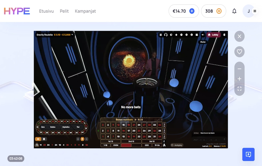 Kuvassa live casino peli Gravity Roulette. 