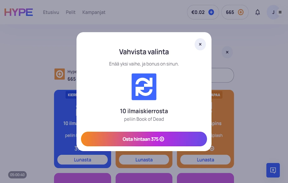 Hype Coinseilla voi ostaa etuja kasinolle. Testaaja ostaa 375 Hype coinilla 10 ilmaiskierrosta Book of Dead peliin. 