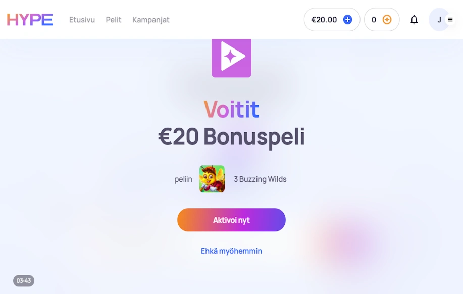 Testaaja voitti Hypen bonuspelistä 20€. 
