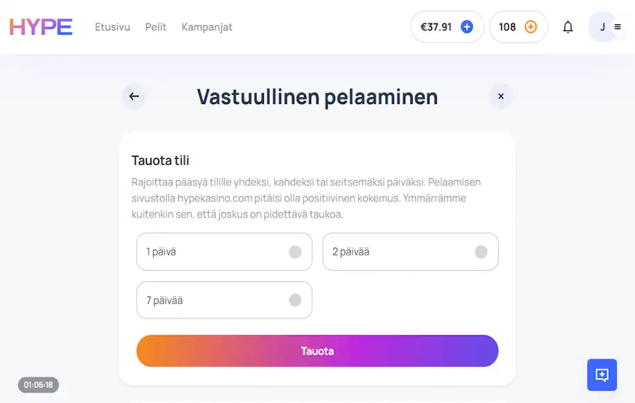 Hype kasinon vastuullisen pelaamisen työkalut kuvattuna. 