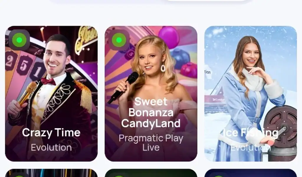Livekasinon esimerkkinimikkeitä: Crazy Time, Sweet Bonanza Candyland, Ice Fishing. 