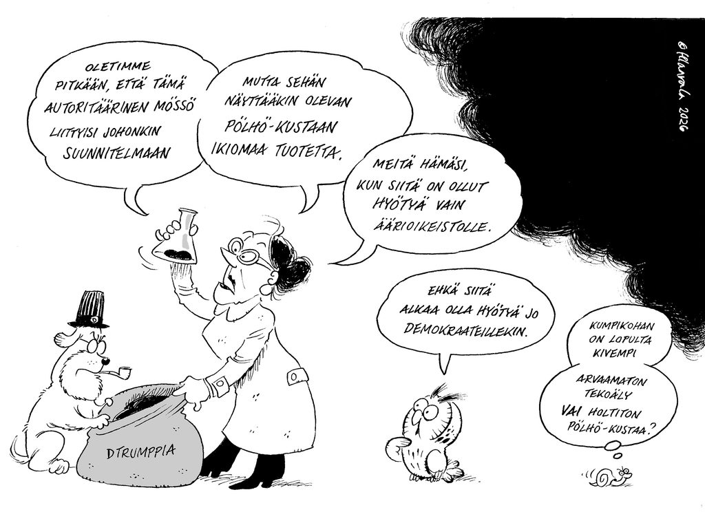 Tutkija tarkastelee mustaa mössöä koeputkessa ja pitää Dtrumppi-säkkiä. Tutkija oletti että mössön tarkoitus olisi ollut suunnitelma, kuitenkin toteaa sen olevan Pölhö-Kustaan omaa tavaraa mistä on ollut hyötyä vain äärioikeistolle. Pöllö pohdiskelee hyötyä myös demokraateille, ja etana pohtii positiivisesti arvaamatonta tekoälyn ja holtittoman Pölhö-Kustaan eroa.