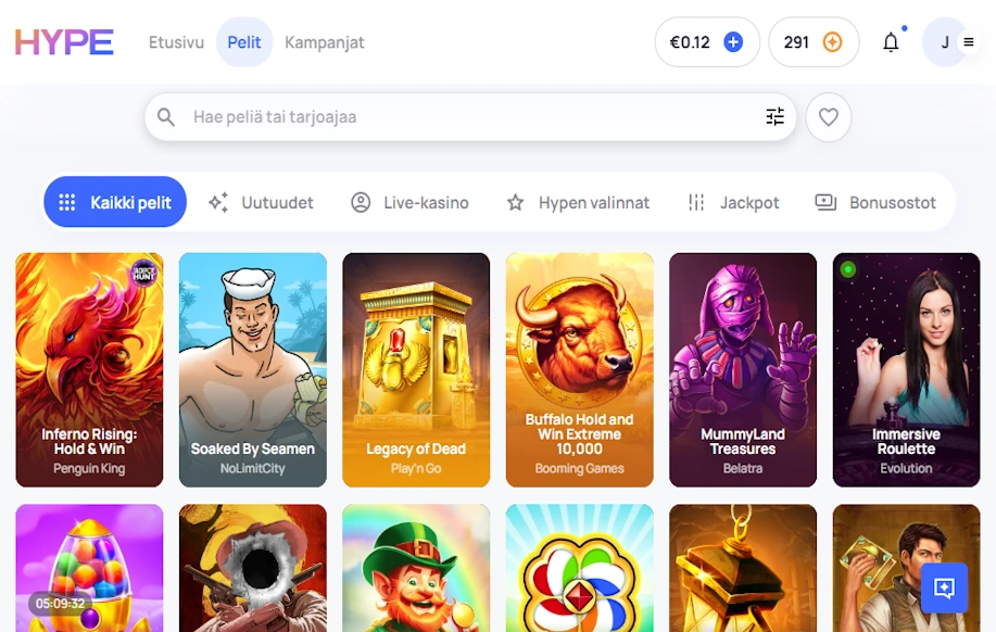 Hype kasinon etusivu jossa kuvattuna kasino pelejä. Kuvassa esimerkiksi pelit Inferno Rising: Hold & Win ja Soaked By Seaman. 