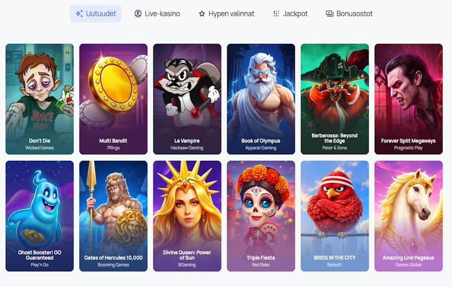 Kuvassa Hype Kasinon uutuuksia. Kuvassa nimikkeet Don´t Die, Multi Bandit ja Le Vampire kolikkopelit. 