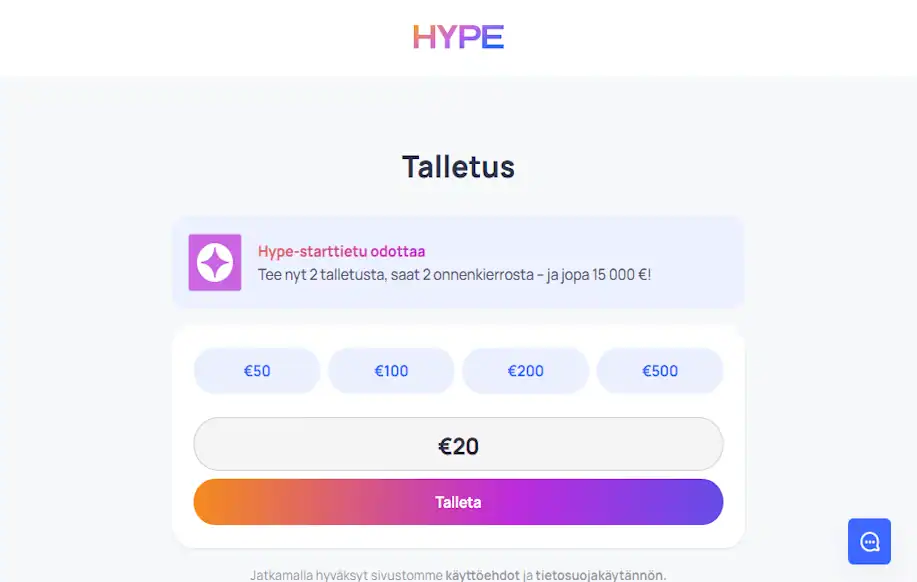 Hypelle voi tehdä nopeita Zimpler-talletuksia. Kuvassa 20 € talletuksen teko. 